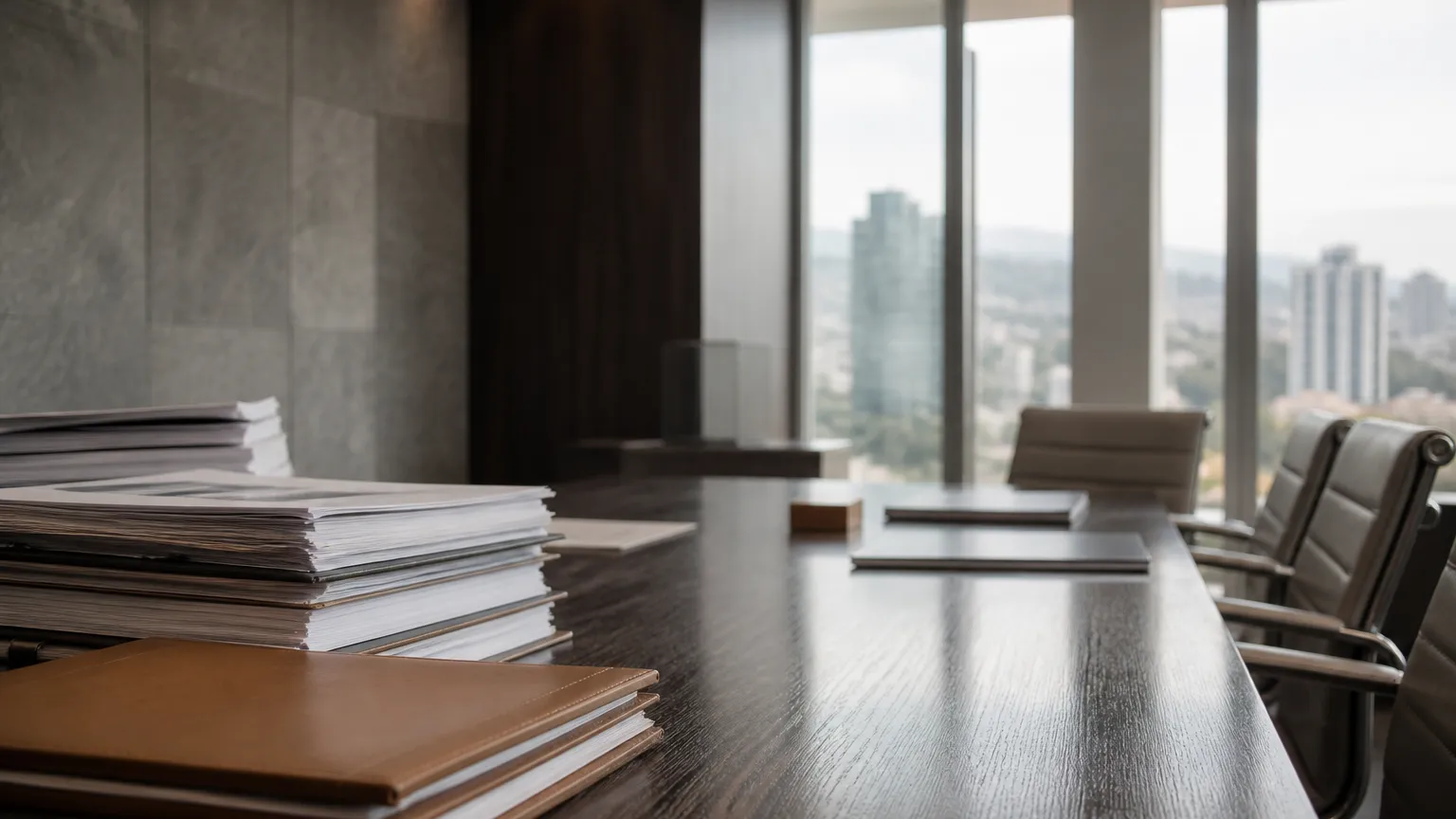 Mesa de trabajo con expedientes y carpetas en la oficina del estudio